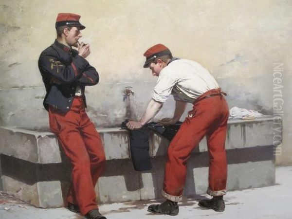 Soldats au lavoir Oil Painting by Jules Monge