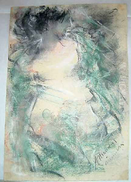 Nude with a green drape Oil Painting by Antonio Mancini