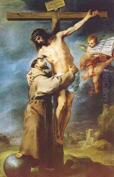 Saint Francis embracing Christ on the Cross Oil Painting by Bartolome Esteban Murillo