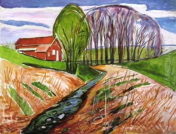 Spring landscape at the red house 1935 Oil Painting by Edvard Munch