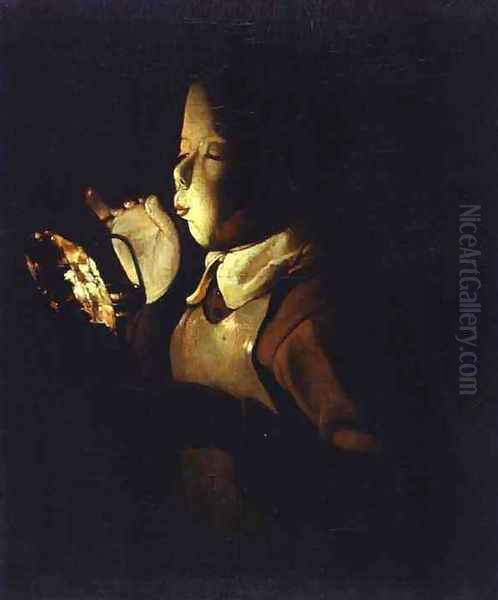 Boy blowing at a Lamp Oil Painting by Georges de La Tour