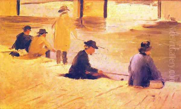 Men fishing in the wharf Oil Painting by Georges Seurat