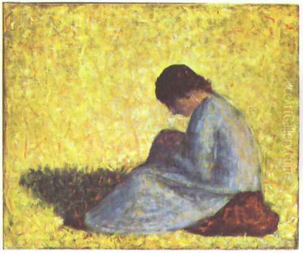 On a meadow sitting farmer girl Oil Painting by Georges Seurat