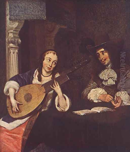 Woman Playing the Lute Oil Painting by Gerard Terborch