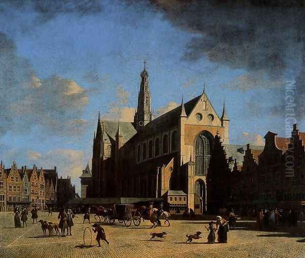 The Place du Groote Markt in Haarlem Oil Painting by Gerrit Adriaensz Berckheyde