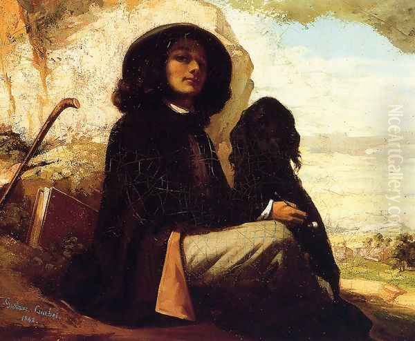 Self Portrait with a Black Dog Oil Painting by Gustave Courbet