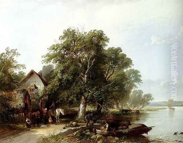 River Landscape With Figures Loading A Boat Oil Painting by Henry John Boddington