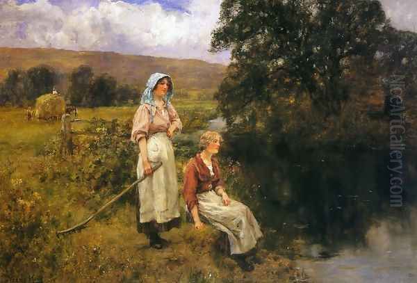 Farm Girls by a Stream Oil Painting by Henry John Yeend King