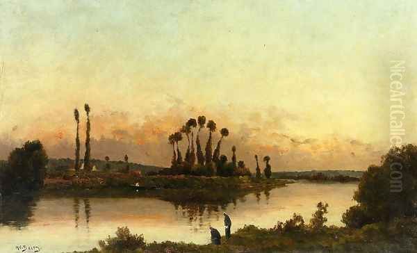 Washerwomen in an Extensive River Landscape Oil Painting by Hippolyte Camille Delpy