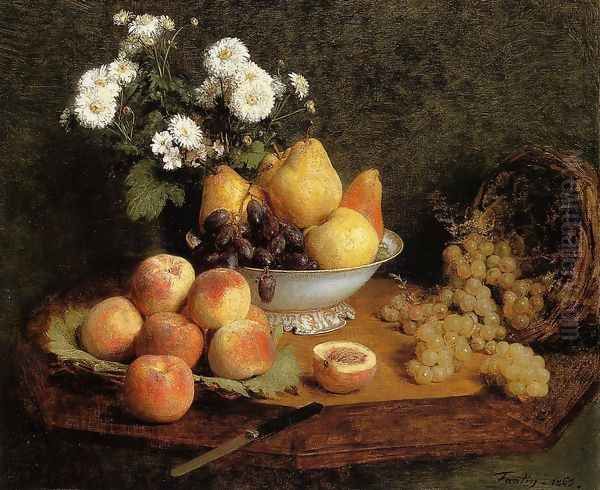 Flowers and Fruit on a Table Oil Painting by Ignace Henri Jean Fantin-Latour