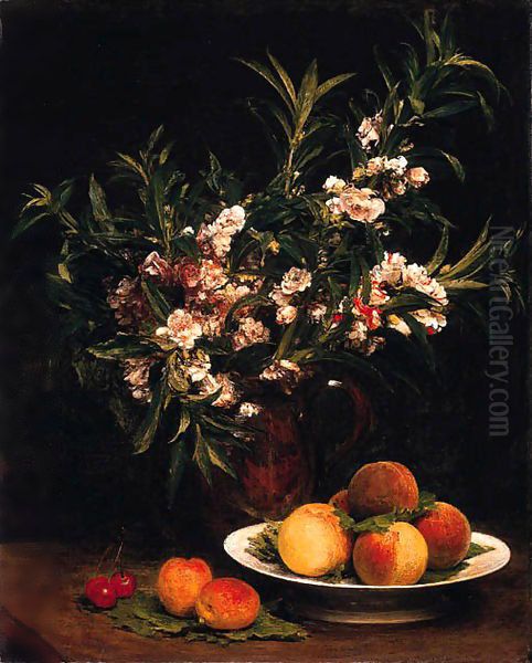 Nature morte (balsamines, pêches et abricots) Oil Painting by Ignace Henri Jean Fantin-Latour