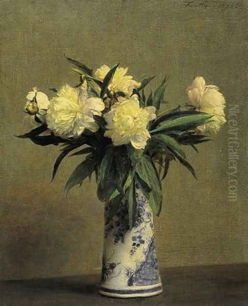 Peonies in a Blue and White Vase Oil Painting by Ignace Henri Jean Fantin-Latour