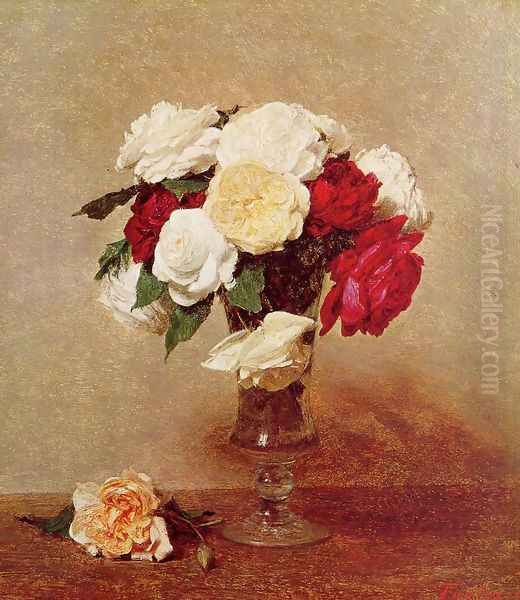 Roses in a Stemmed Glass Oil Painting by Ignace Henri Jean Fantin-Latour