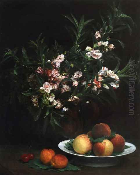 Still Life Impatiens, Peaches and Apricots Oil Painting by Ignace Henri Jean Fantin-Latour