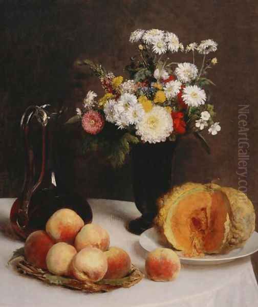 Still Life with a Carafe, Flowers and Fruit Oil Painting by Ignace Henri Jean Fantin-Latour