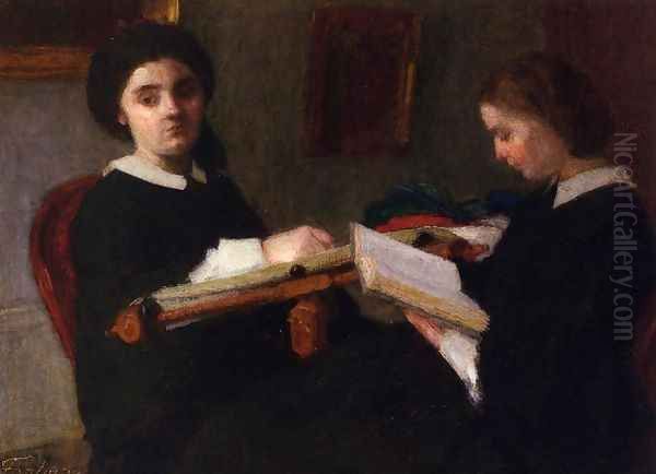 Two Young Women, Embroidering and Reading Oil Painting by Ignace Henri Jean Fantin-Latour