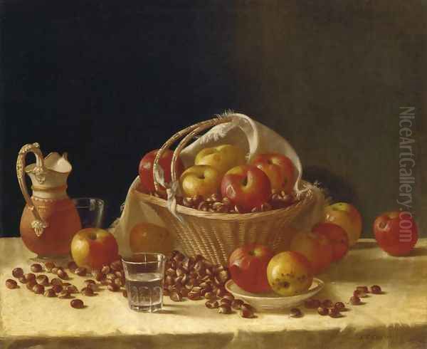 Still Life with Apples, a Basket and Chestnuts Oil Painting by John Defett Francis