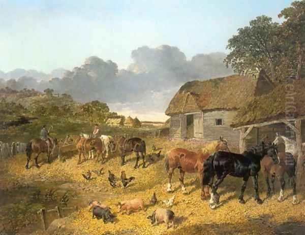 Horses Drinking From Trough with Pigs and Chickens in a Farmyard Oil Painting by John Frederick Herring Snr