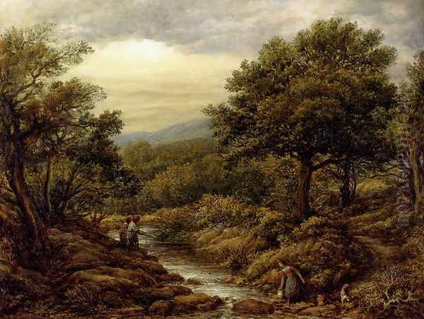 A River Landscape, With Two Boys Fishing And A Girl Fetching Water Oil Painting by John Linnell