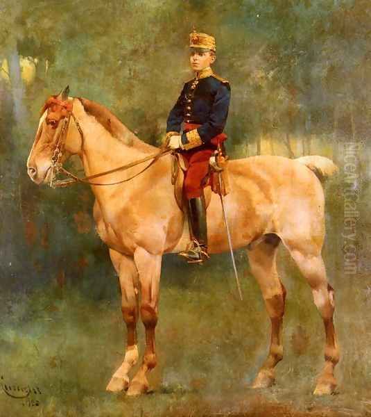 A Portrait Of Alfonso III On Horseback Oil Painting by Jose Cusachs y Cusachs