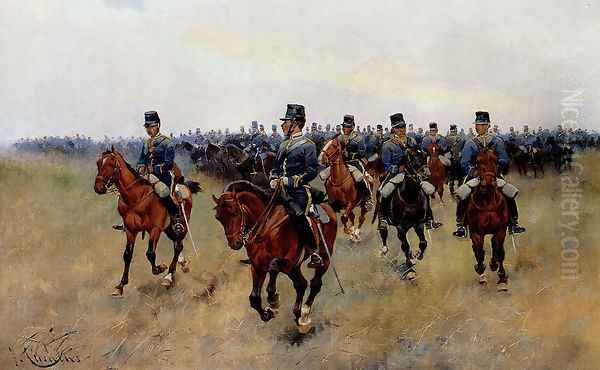 Mounted Cavalry Oil Painting by Jose Cusachs y Cusachs