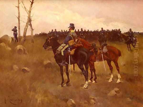 Soldiers On Horseback Oil Painting by Jose Cusachs y Cusachs