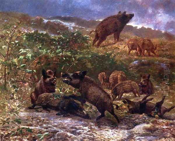 A Family of Wild Boar Oil Painting by Karl Bodmer