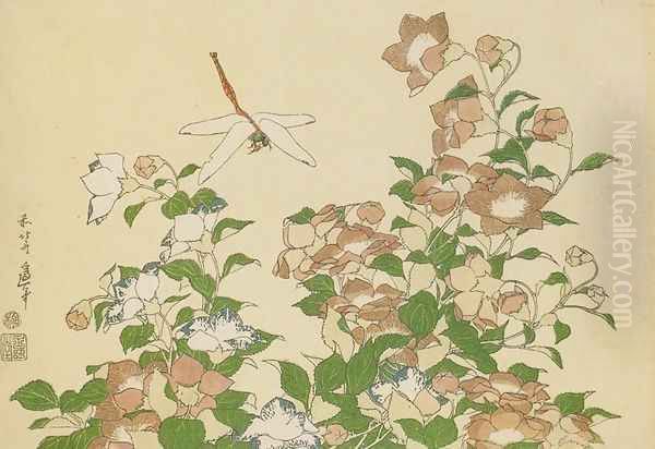 Bell-Flower and Dragonfly Oil Painting by Katsushika Hokusai