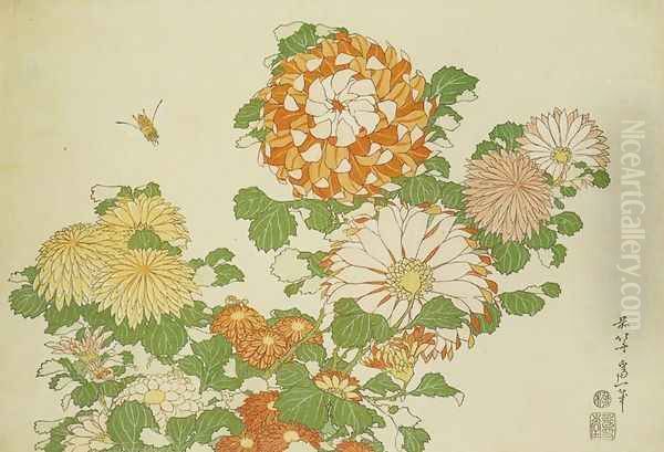 Chrysanthemum and Bee Oil Painting by Katsushika Hokusai