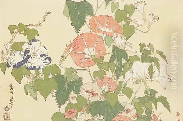 Convolvulus and Tree-Frog Oil Painting by Katsushika Hokusai