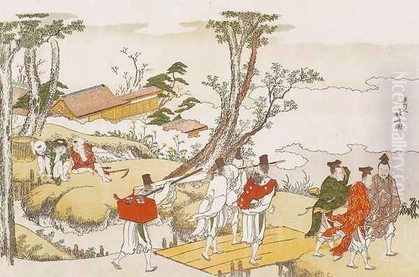 Courtiers Crossing a Bridge Oil Painting by Katsushika Hokusai