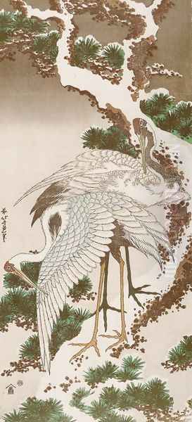 Cranes on a Snowy Pine Oil Painting by Katsushika Hokusai