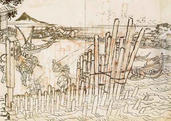 Fishing at Shimadagahana Oil Painting by Katsushika Hokusai