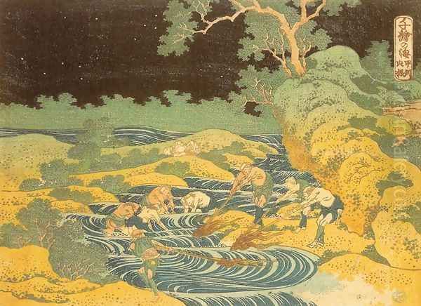 Fishing by Torchlight in Kai Province (Koshu hiburi) Oil Painting by Katsushika Hokusai