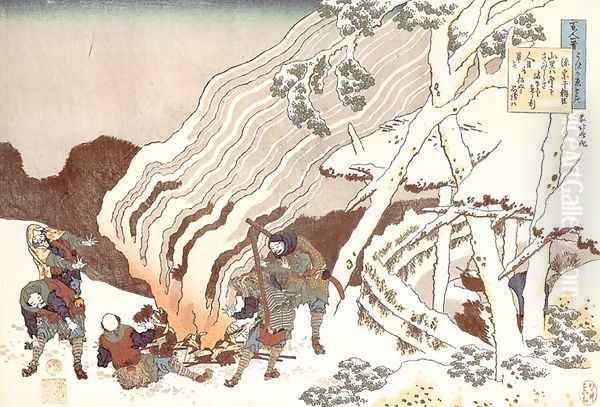 Hunters by a Fire in the Snow (Minamoto no Muneyuki ason) Oil Painting by Katsushika Hokusai