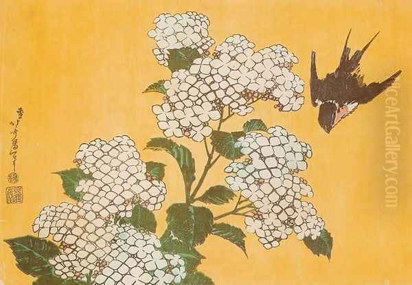 Hydrangea and Swallow Oil Painting by Katsushika Hokusai