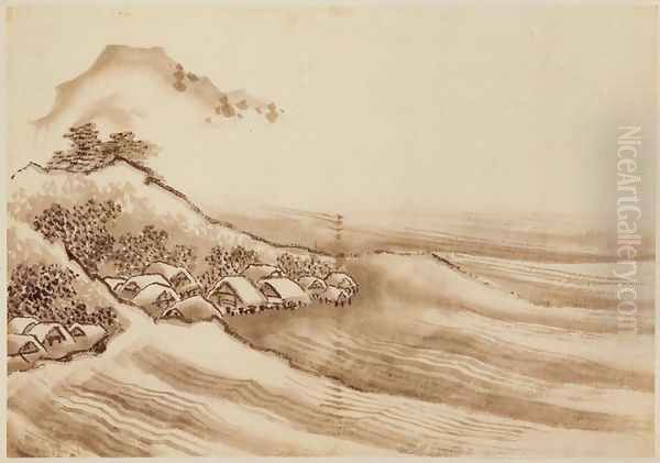 Landscape with a Seaside Village Oil Painting by Katsushika Hokusai