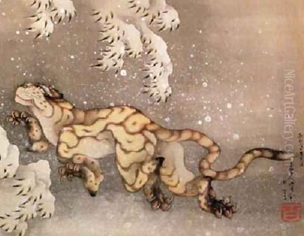 Old Tiger in the Snow Oil Painting by Katsushika Hokusai