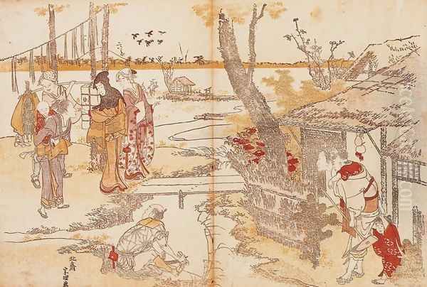 Peasants by a Stream Oil Painting by Katsushika Hokusai