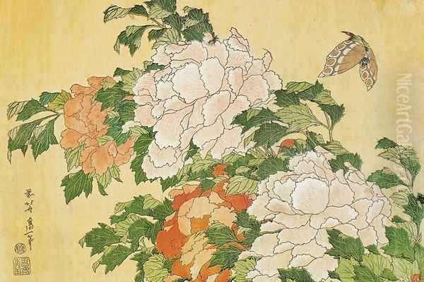 Peonies and Butterfly Oil Painting by Katsushika Hokusai