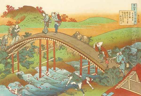 People Crossing an Arched Bridge (Ariwara no Narihira) Oil Painting by Katsushika Hokusai