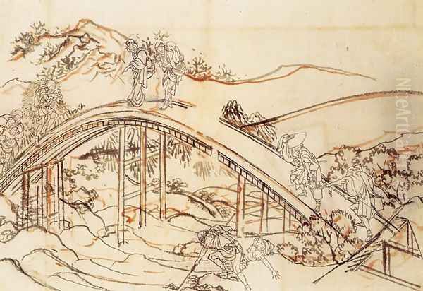 People Crossing an Arched Bridge Oil Painting by Katsushika Hokusai