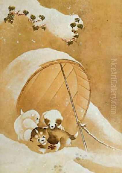 Puppies in the Snow Oil Painting by Katsushika Hokusai