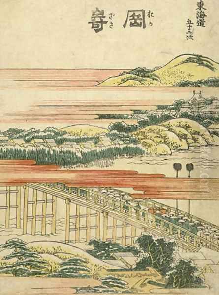 Samurai Procession Crossing over a Bridge Oil Painting by Katsushika Hokusai