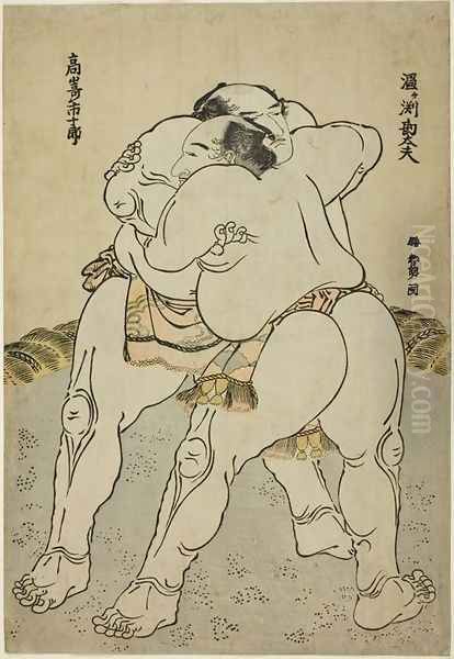 The Sumo wrestlers Uzugafuchi Kandayu and Takasaki Oil Painting by Katsushika Hokusai