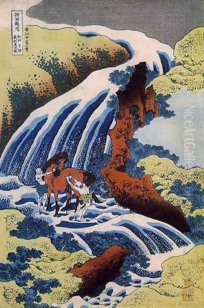 The waterfall where Yoshitsune washed his horse, Yoshino, Yamato Province Oil Painting by Katsushika Hokusai