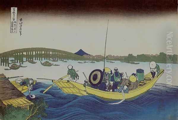 Viewing the Evening Sun at Ryogoku Bridge from Onmayagashi (Onmayagashi yori Ryogokubashi no sekiyo o miru) Oil Painting by Katsushika Hokusai