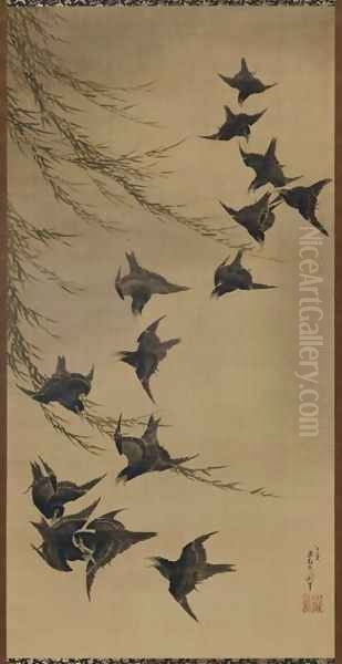 Willow and Birds Oil Painting by Katsushika Hokusai