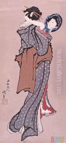 Woman Looking in Mirror Oil Painting by Katsushika Hokusai