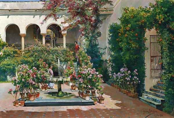 A Courtyard in Seville Oil Painting by Manuel Garcia y Rodriguez